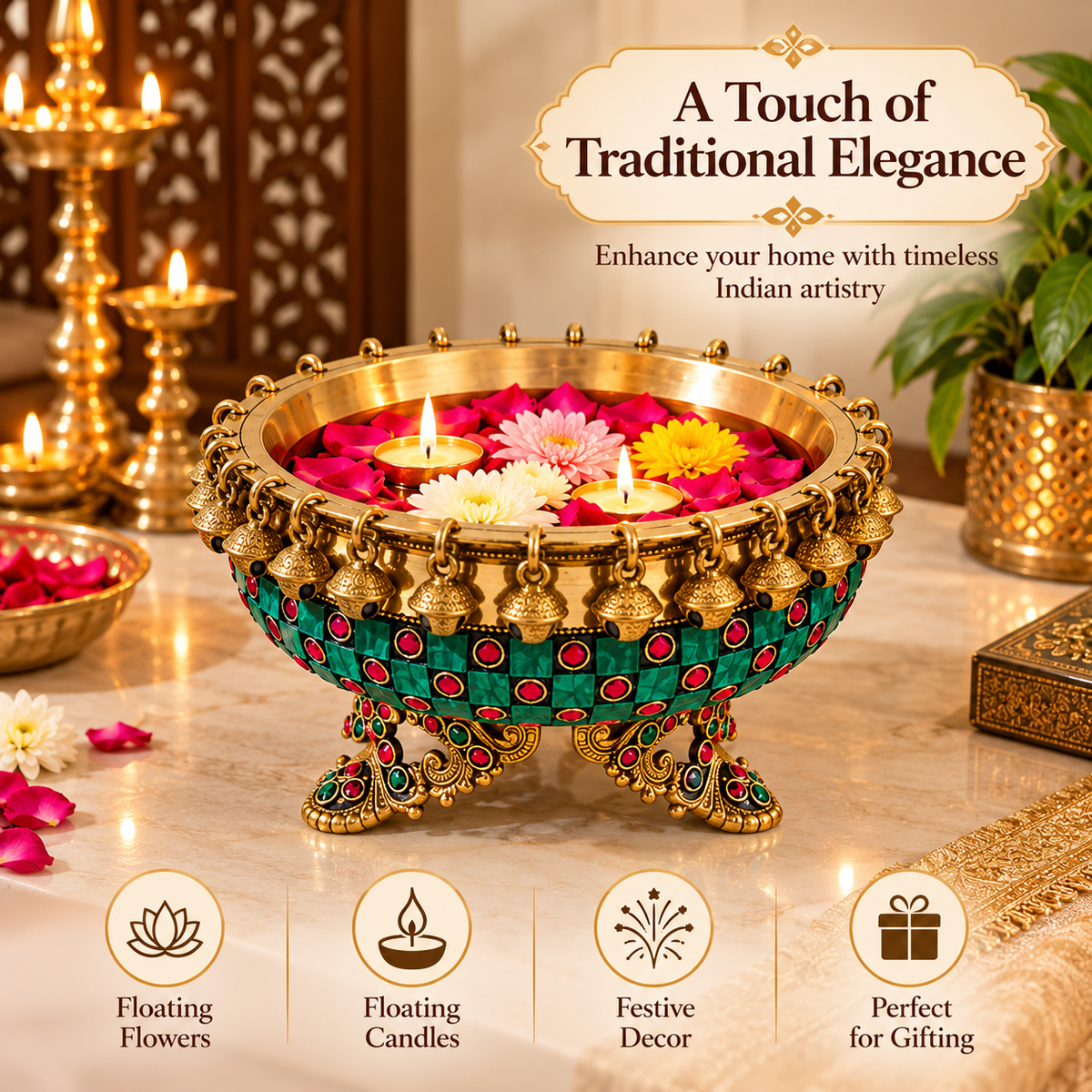 Premium Brass Urli Bowl for Home Décor, Indian Decorative Bowl with Embellished Design | Floating Flower & Candle Centerpiece for Diwali, Pooja, Weddings & Festive Décor