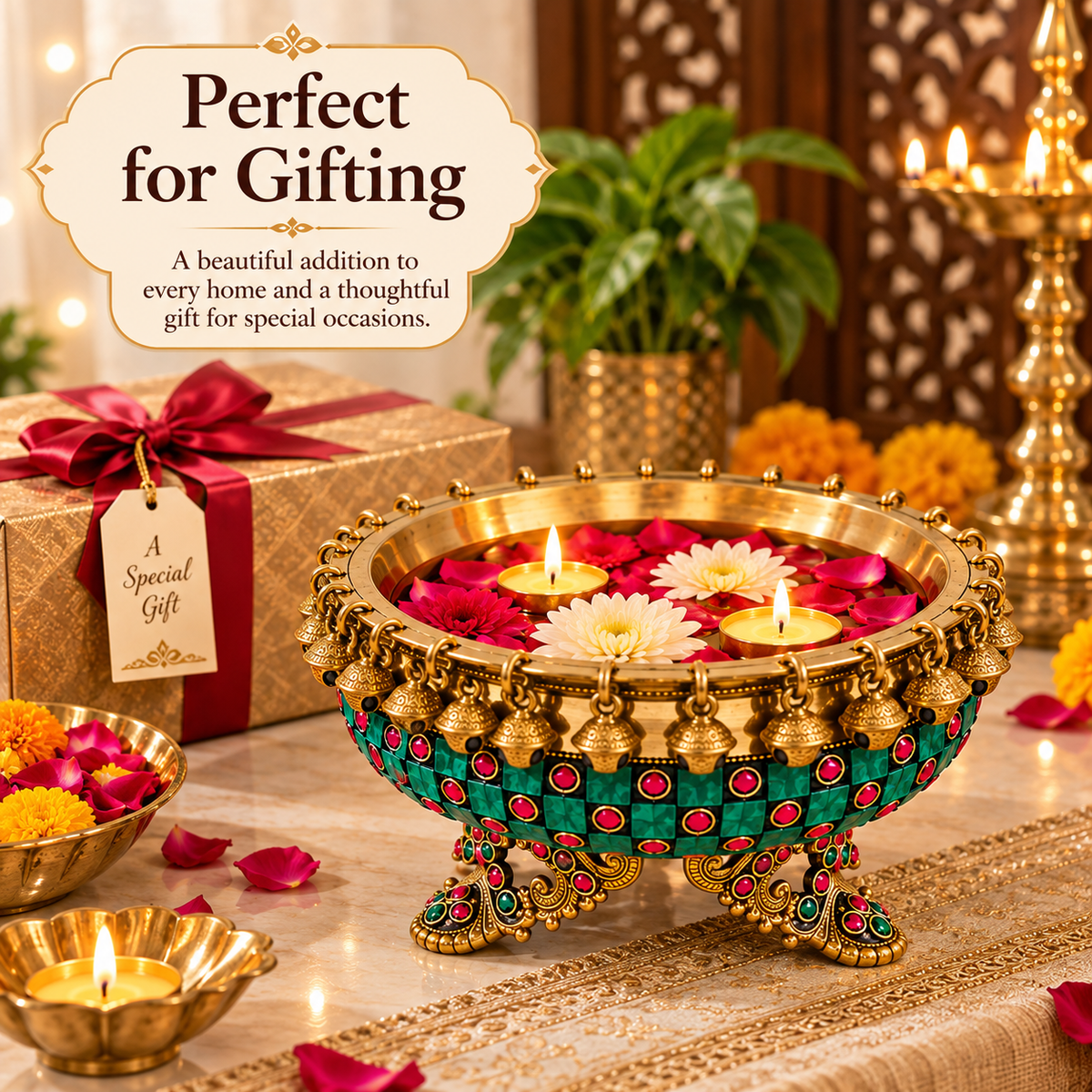 Premium Brass Urli Bowl for Home Décor, Indian Decorative Bowl with Embellished Design | Floating Flower & Candle Centerpiece for Diwali, Pooja, Weddings & Festive Décor