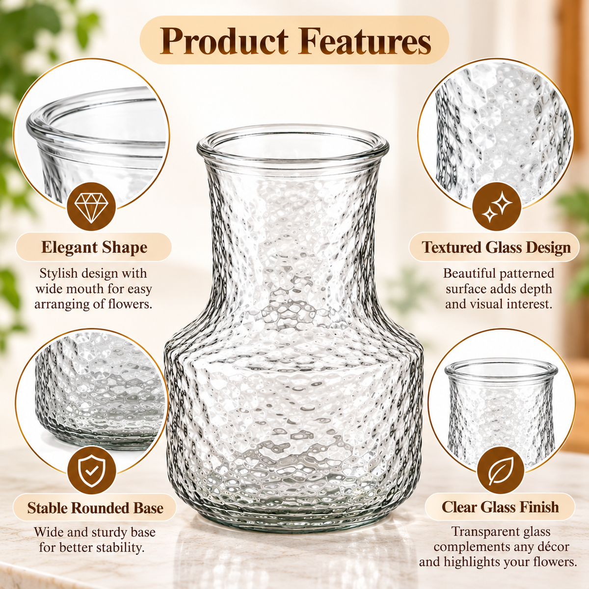 Clear Textured Glass Flower Vase for Home Décor | Decorative Table Vase for Fresh & Dried Flowers | Modern Centerpiece for Living Room, Dining Table & Entryway