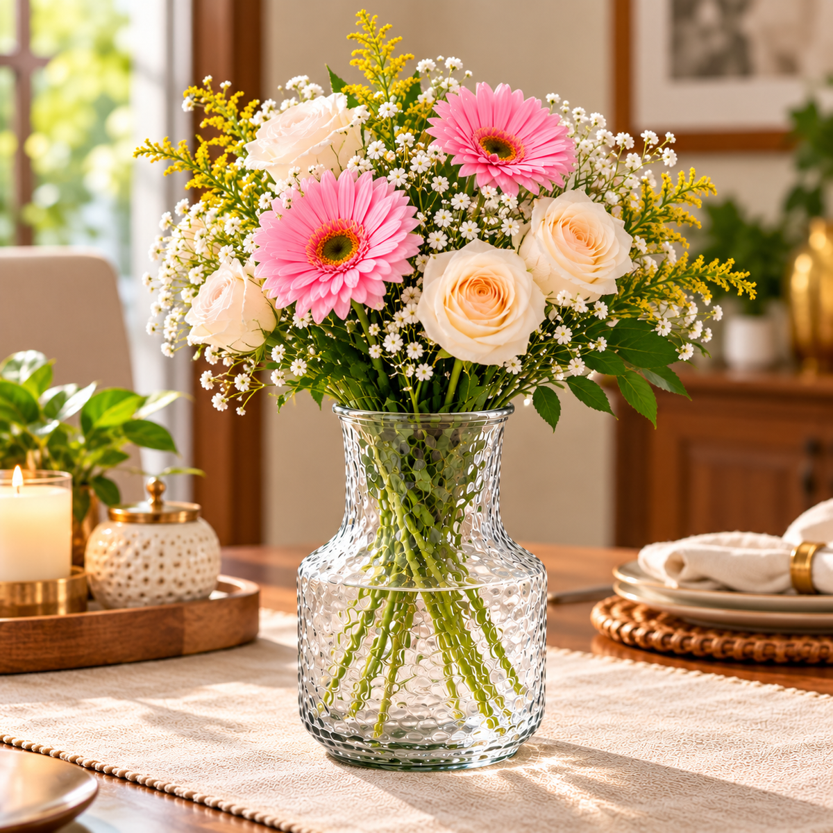Clear Textured Glass Flower Vase for Home Décor | Decorative Table Vase for Fresh & Dried Flowers | Modern Centerpiece for Living Room, Dining Table & Entryway