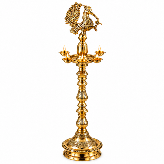 PURE SOURCE INDIA 3 Ft Brass Peacock Standing Diya | Heavy-Weight Traditional Indian Oil Lamp for Puja, Temple, Weddings & Diwali