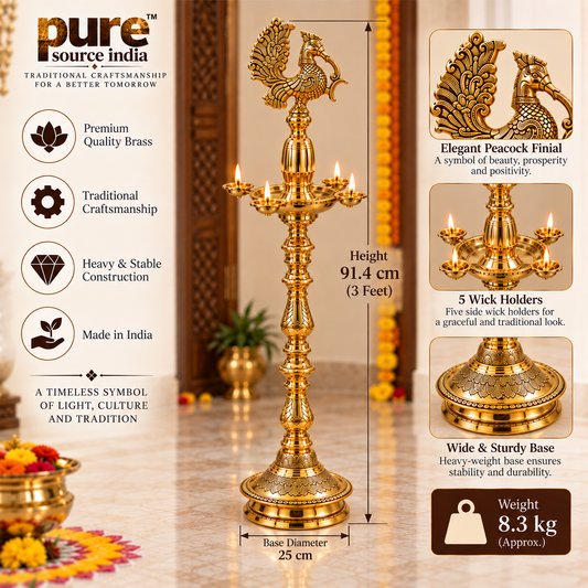 PURE SOURCE INDIA 3 Ft Brass Peacock Standing Diya | Heavy-Weight Traditional Indian Oil Lamp for Puja, Temple, Weddings & Diwali