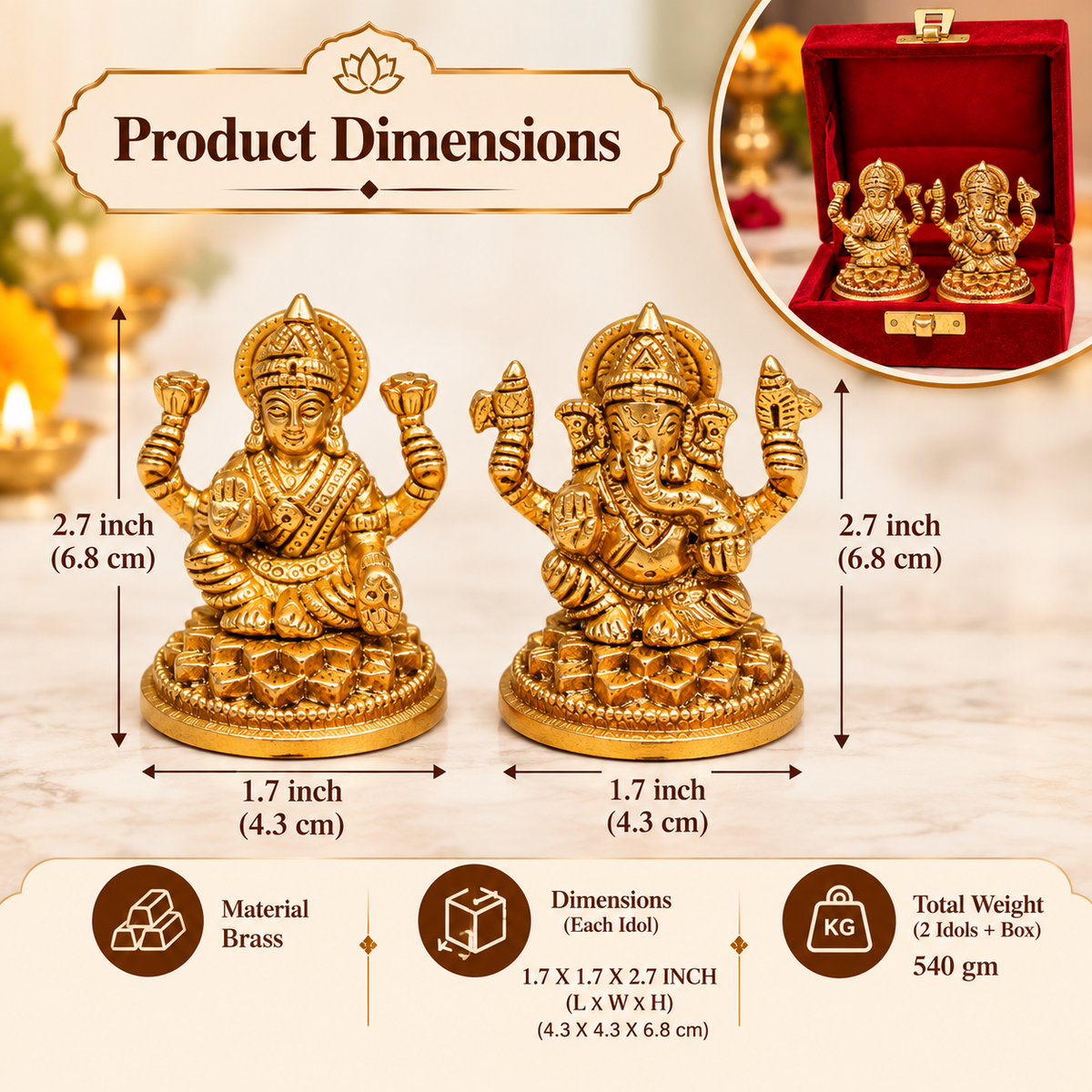 Pure Source India Brass Lakshmi & Ganesha Idol Set with Velvet Gift Box | 2.75 Inch Traditional Hindu God Statues for Diwali Puja, Home Décor & Gifting