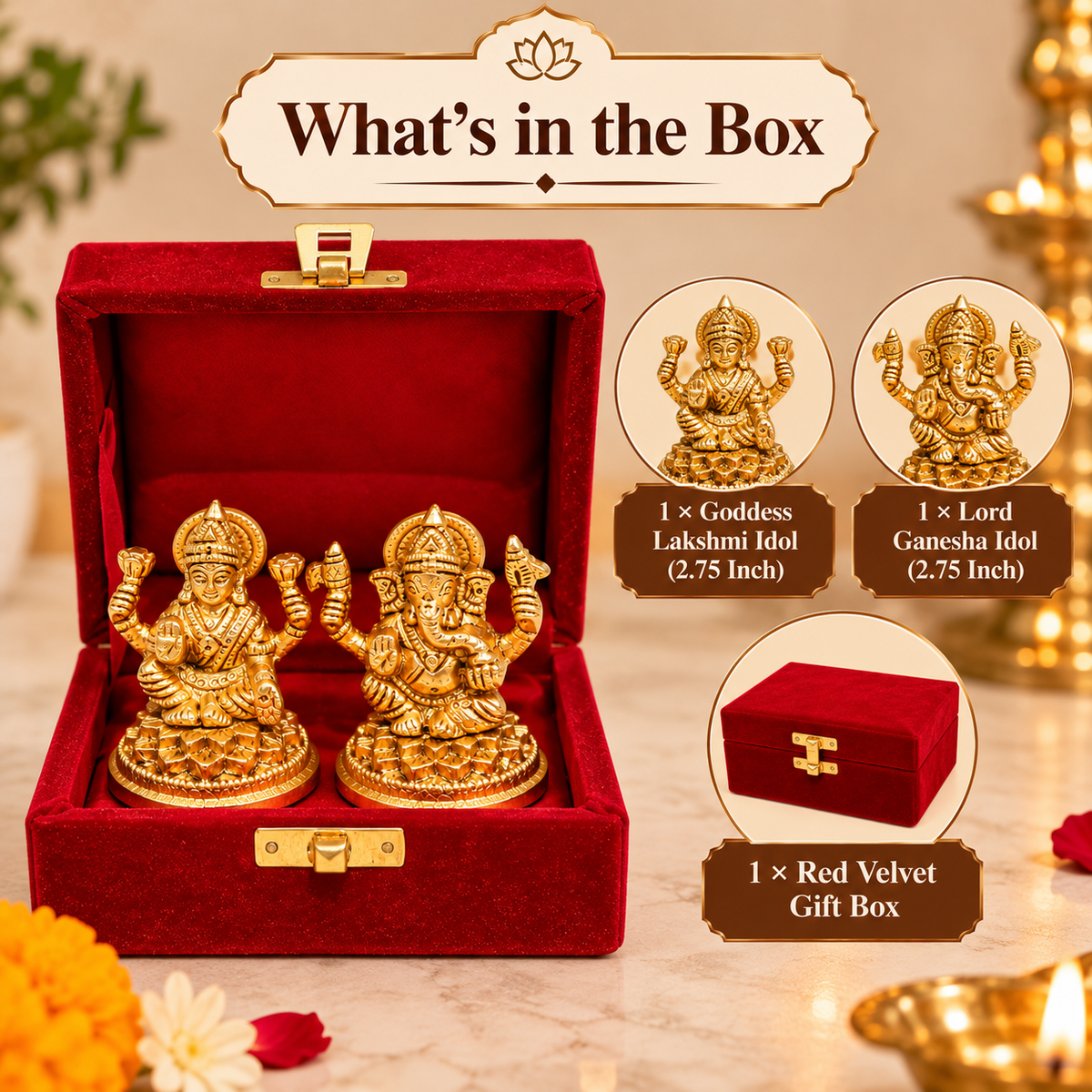 Pure Source India Brass Lakshmi & Ganesha Idol Set with Velvet Gift Box | 2.75 Inch Traditional Hindu God Statues for Diwali Puja, Home Décor & Gifting