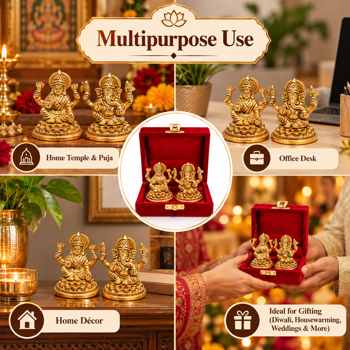 Pure Source India Brass Lakshmi & Ganesha Idol Set with Velvet Gift Box | 2.75 Inch Traditional Hindu God Statues for Diwali Puja, Home Décor & Gifting
