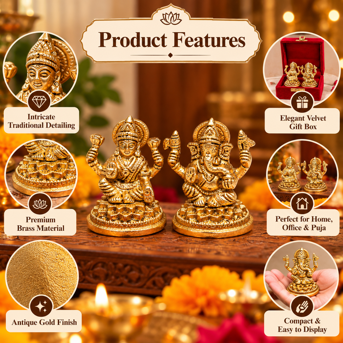 Pure Source India Brass Lakshmi & Ganesha Idol Set with Velvet Gift Box | 2.75 Inch Traditional Hindu God Statues for Diwali Puja, Home Décor & Gifting