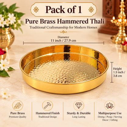 Pure Source India Pure Brass Hammered Thali 11 Inch – Round Indian Pooja & Serving Plate