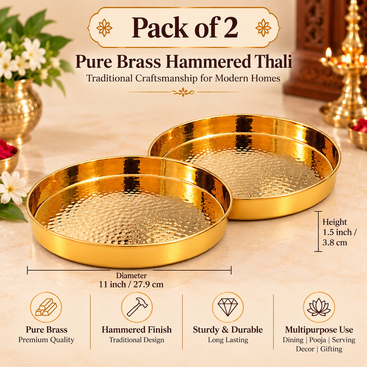 Pure Source India Pure Brass Hammered Thali 11 Inch – Round Indian Pooja & Serving Plate