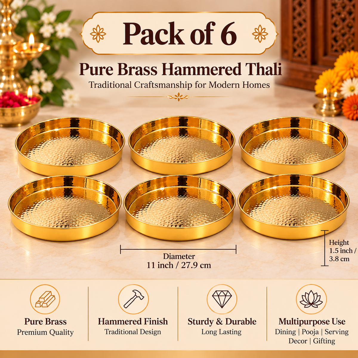Pure Source India Pure Brass Hammered Thali 11 Inch – Round Indian Pooja & Serving Plate