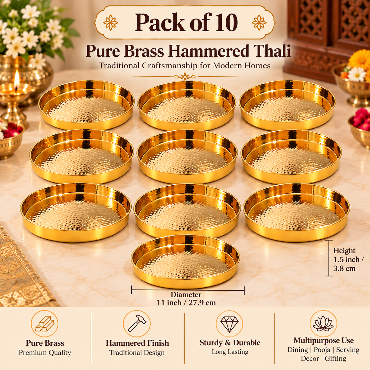 Pure Source India Pure Brass Hammered Thali 11 Inch – Round Indian Pooja & Serving Plate
